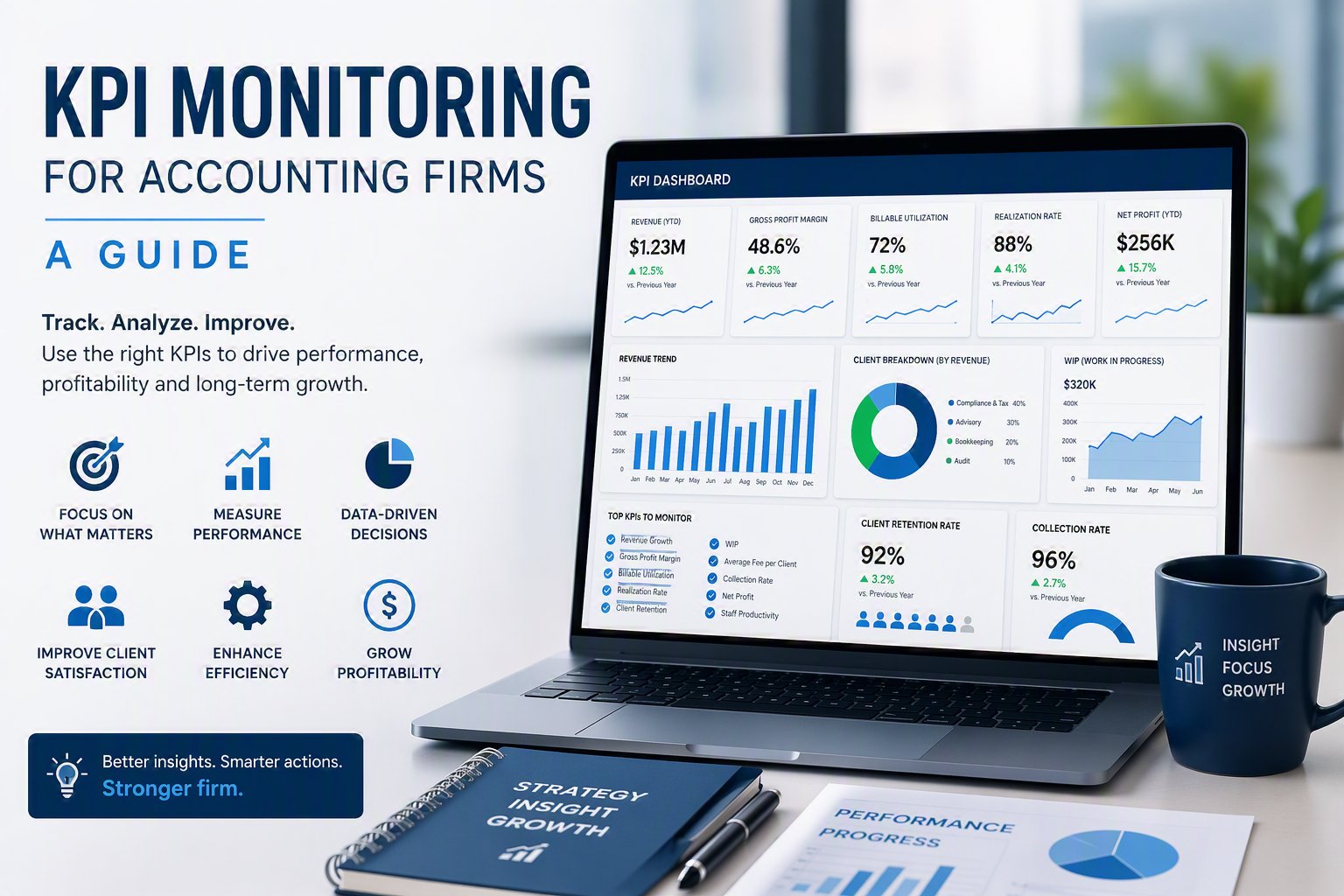 Accounting firm KPI monitoring dashboard showing realization, WIP, and utilization